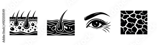 Skincare symbols vector icons set: dermatology, beauty, hair, and eye care