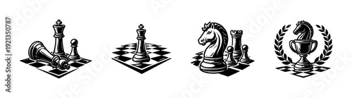 Chess strategy vector icons set: chessboard symbols and tournament pieces
