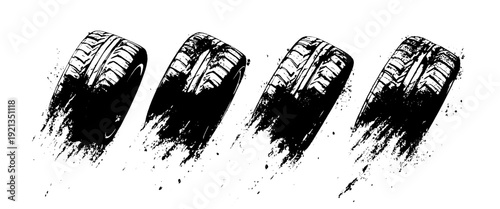 Vector set of tire tread marks black tire tracks and tire prints with grunge texture