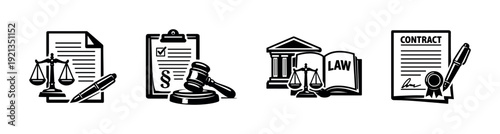 Law and justice vector icons set: legal symbols and courtroom elements