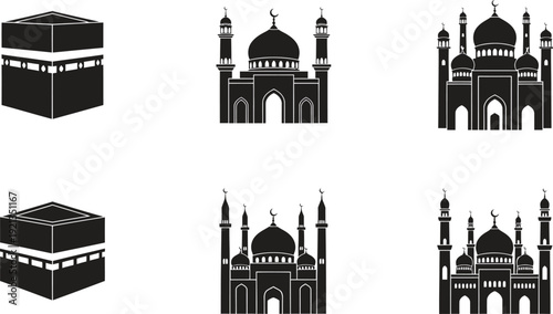 Islamic architecture icons set including Kaaba and mosques