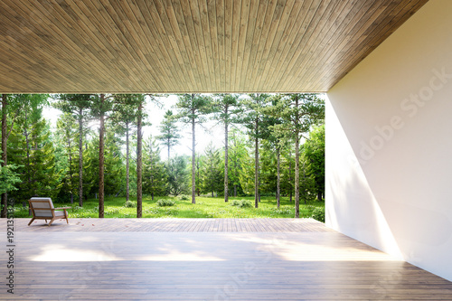 Modern empty wooden terrace with a lounge chair and a panoramic pine forest view 3d render