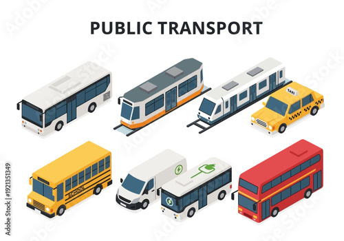 Various public transportation vehicles in a flat isometric style illustration