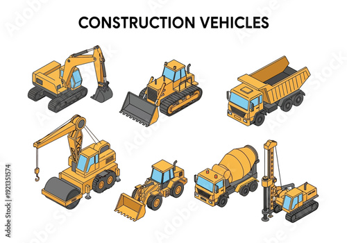 Collection of diverse construction vehicles depicted from an isometric perspective with a white background