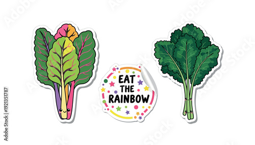 Hand-drawn flat vector illustration of organic rainbow chard, curly green kale, and a colorful "Eat the Rainbow" motivational badge; healthy vegan nutrition and clean eating lifestyle concept.