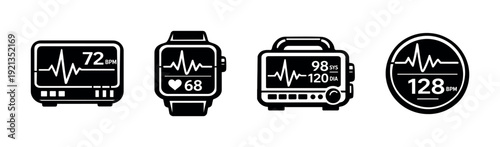 Medical monitoring vector icons set: cardiogram symbols, health devices collection