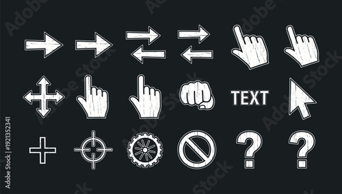 White pixel cursor icon set featuring arrows, hand pointers, crosshairs, loading gear, and help symbols; retro computer interface navigation and web UI design elements on dark background.
