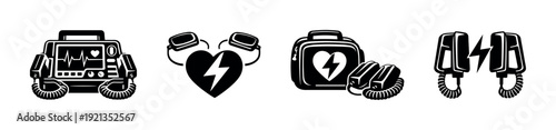 Defibrillator vector icons set. emergency equipment symbols. medical device illustrations