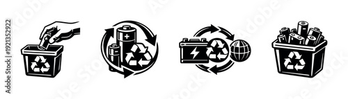 Battery recycling vector icons set. eco symbols, waste management graphics