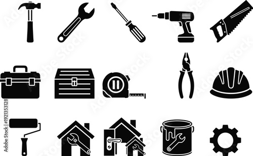 Black vector silhouette set of construction hand tools including hammer wrench screwdriver drill saw and helmet for home improvement and repair service branding