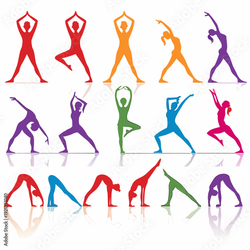 A collection of colorful yoga poses in various styles and colors Vector