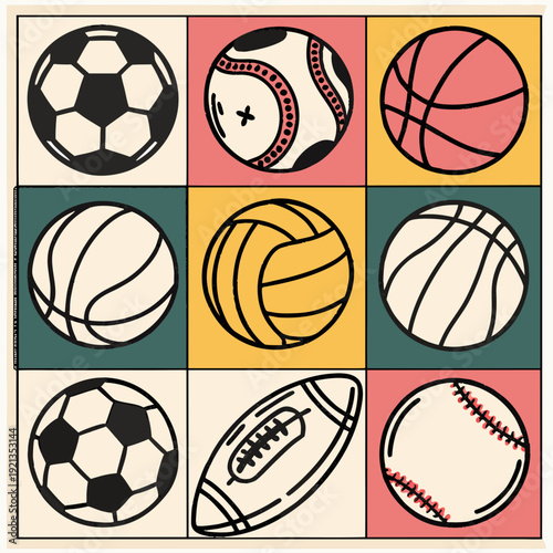 A colorful grid of various sports balls Vector