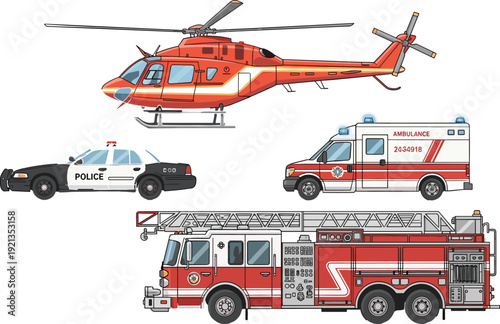 Emergency Service Vehicle Vector Set Featuring Red Fire Truck, Ambulance, Police Patrol Car, and Rescue Helicopter for Public Safety and First Responder Graphic Designs