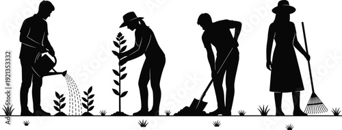 Black vector silhouette set of diverse people gardening including watering plants digging soil planting trees and raking for backyard hobby and nature branding