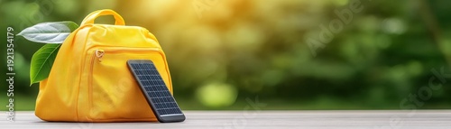 A vibrant yellow backpack with a solar-powered phone charger rests on a wooden table, surrounded by greenery, ideal for concepts related to sustainability, travel, and outdoor adventures,