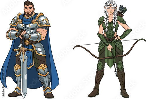 Fantasy warrior and elf archer illustration, surreal medieval concept art with armored sword fighter and nature‑themed bow wielder, epic storytelling design