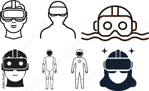 Metaverse people and VR avatar outline icons set

