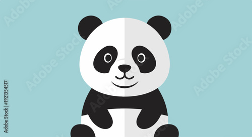 Cute panda bear sitting on white surface with blue background smiling and looking forward cartoon style black and white colors