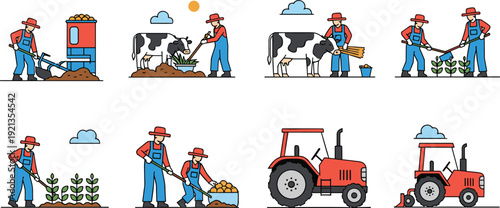 Farming agriculture silhouette icon set, farmer tractor illustration, vector graphic, livestock crop symbol, flat vector