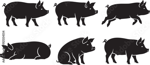 Pig Silhouette Set with Various Poses for Agriculture and Farm Design