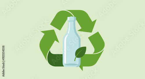 Eco friendly recycling symbol with glass bottle and green leaves on pale background for sustainable living and environmental conservation