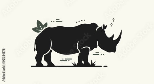 Black silhouette rhinoceros standing in grassy field with leaves and stars on cream background