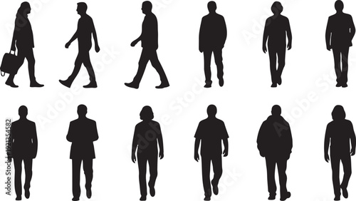 People Silhouettes Walking and Standing Set on Transparent Background
