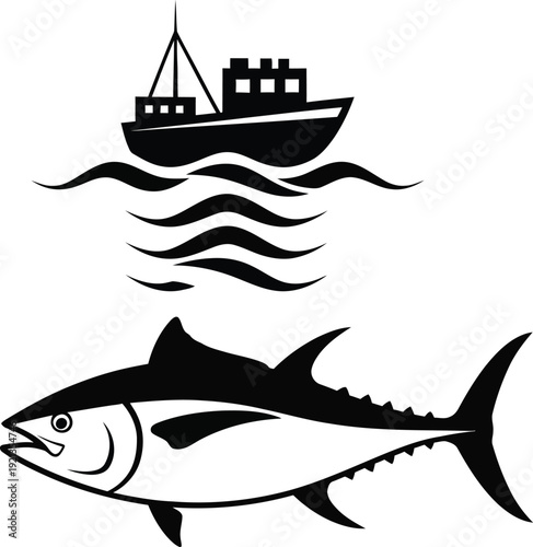 Tuna fish and fishing boat icon set on white background. World tuna day