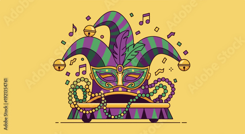 Vibrant mardi gras jester's mask with feather beads and music notes on yellow background festive carnival decoration