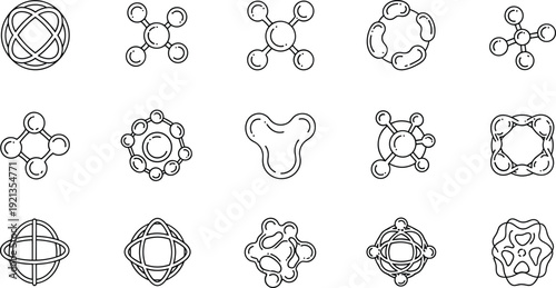 Abstract molecule and atom outline icon collection with scientific geometric structures for chemistry technology and innovation vector set.