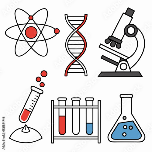 Science icons including atom dna microscope Vector