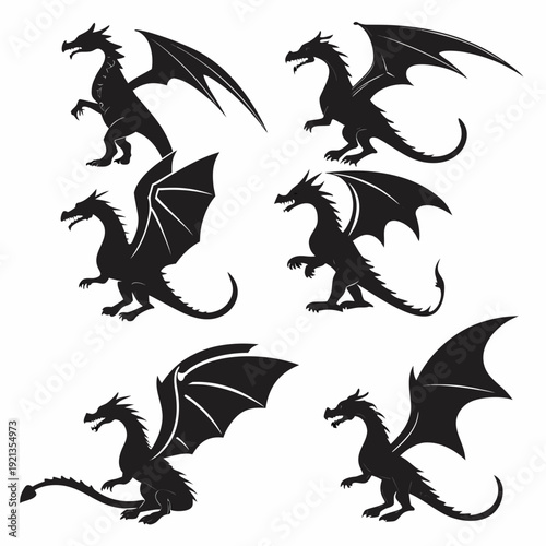 A group of black dragon silhouettes on a white background Vector