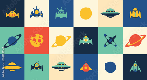 Collection of colorful space-themed icons in a grid pattern.