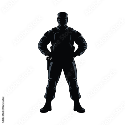 Silhouette of a strong man in a military or security uniform