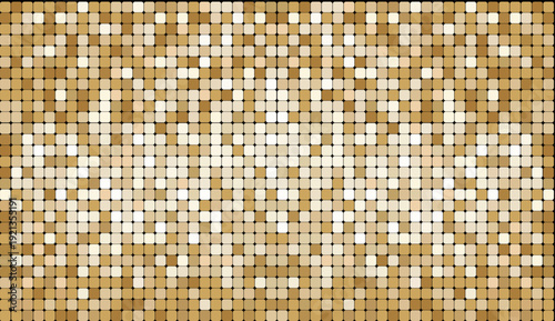 Golden mosaic disco party background. Metal gold sequin shiny sparkle decoration. Disco ball effect tile bg. glitter halftone wallpaper. Sparkling glitter backdrop.
