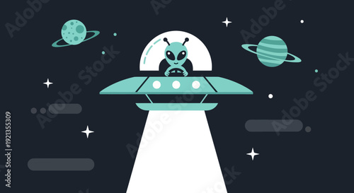 Alien UFO flying in outer space with planets and stars.