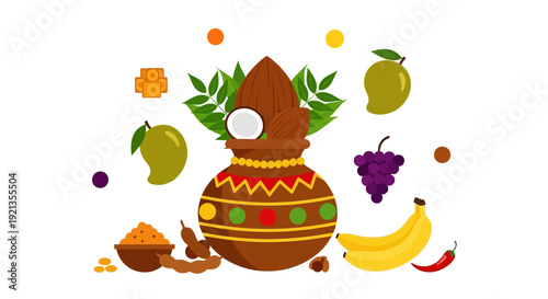 Vishu Kani traditional Kerala festival decoration with fruits and flowers.