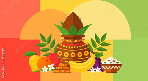 Vibrant Pongal Festival Illustration with Traditional Elements.