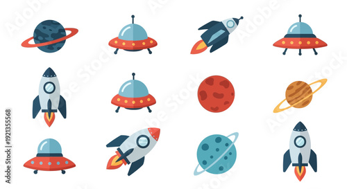 Colorful cartoon rockets and planets in space.