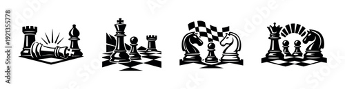 Chess game vector icons set: strategy, board, tournament illustrations