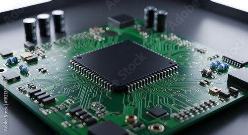 Close-up of a complex computer motherboard circuit board with a central black processor chip and green PCB traces, technology.