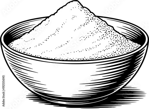 Vintage Engraved Bowl Filled With Granulated Sugar or Salt Isolated White ingredient