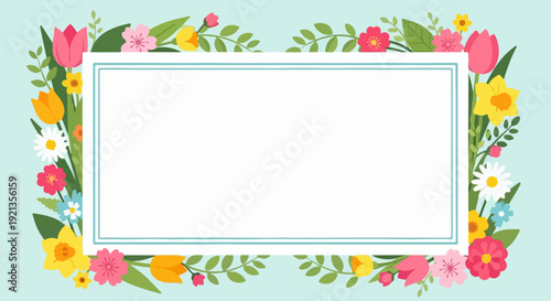 Colorful floral border with blank white rectangle for text on light blue background for decoration