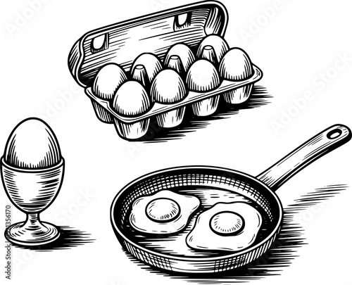 Vintage Engraving Style Eggs in Carton Egg Cup and Frying Pan White Background