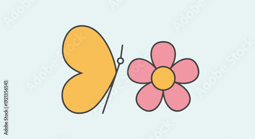Butterfly visiting pink flower on light blue background simple illustration with yellow wings and black outline spring concept