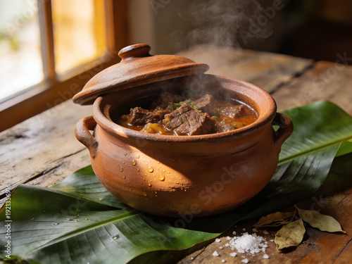 Traditional Brazilian barreado beef stew in a clay pot on banana leaf