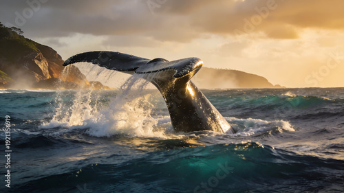 Whale tail breaking the ocean surface near the coast of Garopaba in Brazil