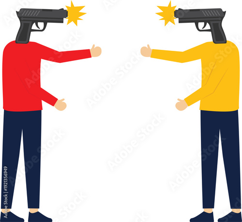 Mouth guns, condemnation and war, mutual criticism and complaints, two businessmen with guns in their heads blaming each other and firing stock illustration
