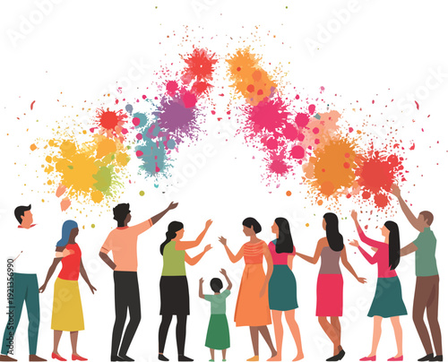 Diverse group of happy people celebrating a vibrant cultural festival or joyful occasion involving the throwing of bright colored powder splashes against a white background.