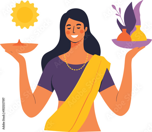 Smiling woman dressed in traditional colorful attire holds a diya on one hand and a platter with decorative vessels under a bright stylized sun for an auspicious cultural celebration.